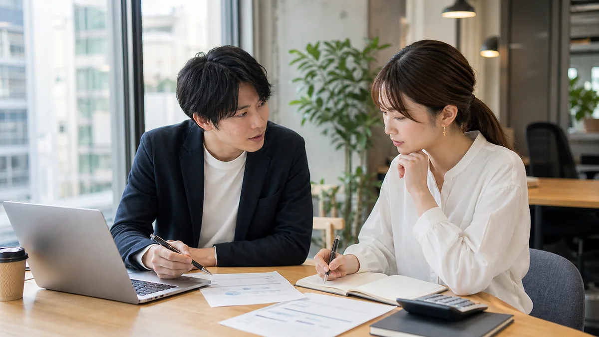 사무실에서 노트북과 문서를 함께 검토하는 두 실무자