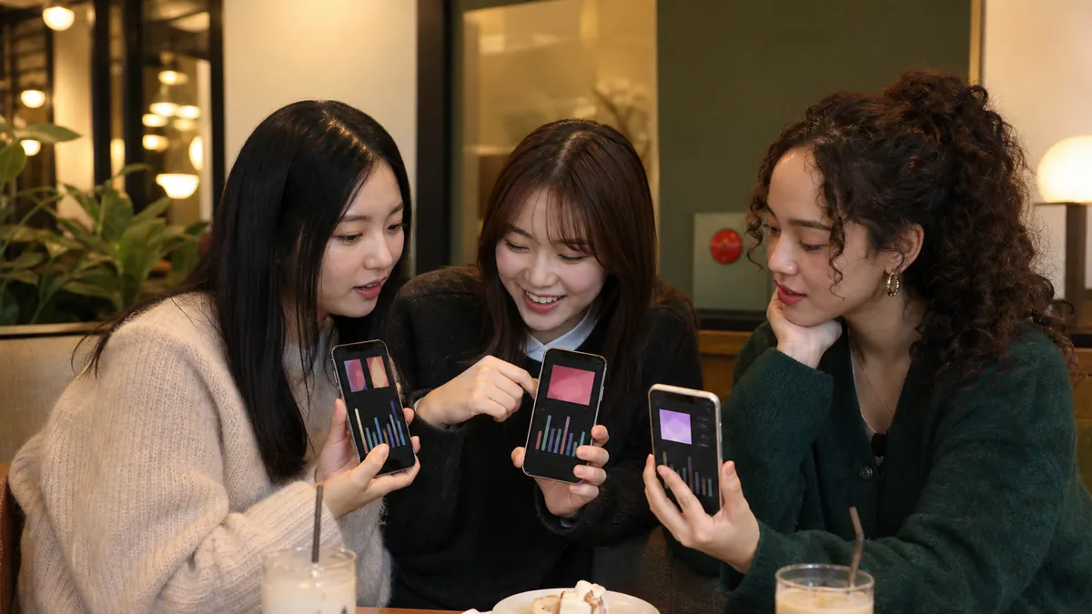 서로 다른 음악 앱을 보며 순위 기준을 비교하는 케이팝 팬들