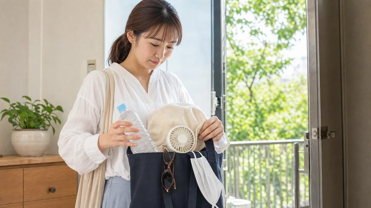 여름 외출 전 가방에 물과 모자, 휴대용 선풍기를 챙기는 사람