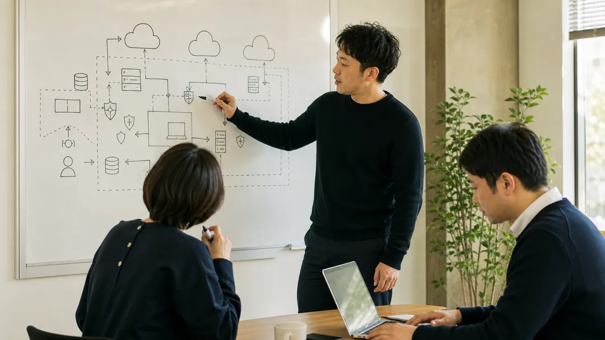 소규모 회사가 클라우드와 단말 보안 범위를 화이트보드로 정리하는 장면