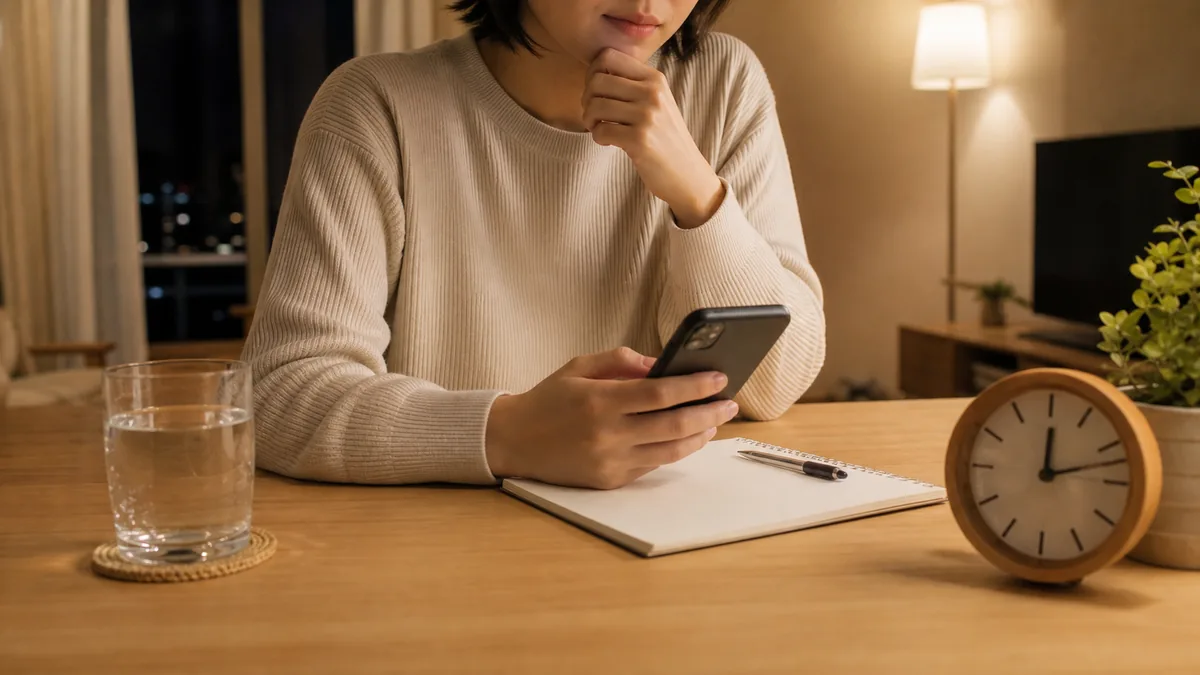 밤에 집에서 증상을 메모하며 응급상담 전화를 준비하는 사람