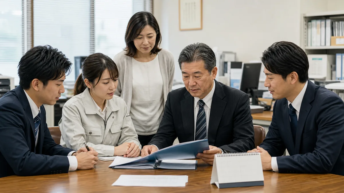 가족기업 사무실에서 주주명부와 승계 일정을 검토하는 경영자