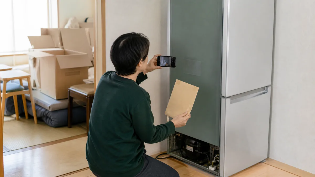 이사 전 냉장고 라벨과 재활용 접수를 확인하는 장면
