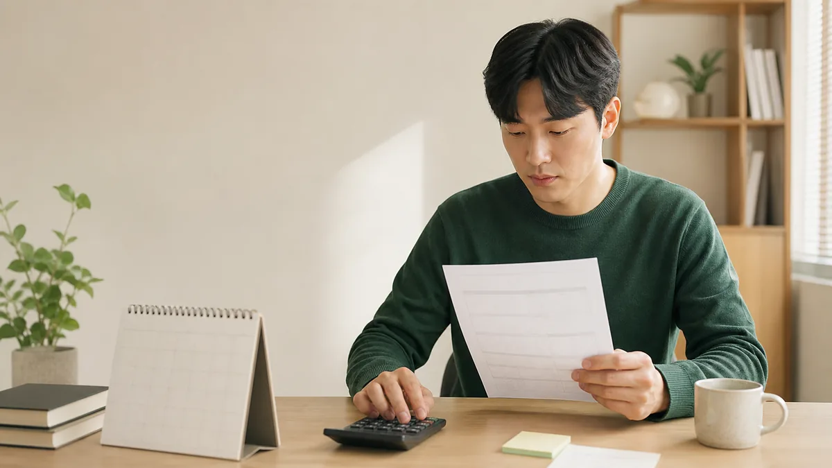 일본 급여명세서와 계산기를 확인하는 직장인의 손