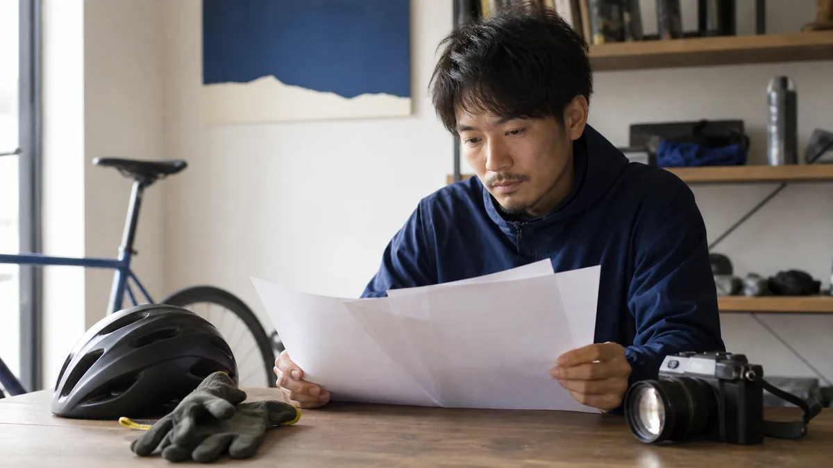 프리랜서가 작업 장비와 보험 계산표를 검토하는 장면