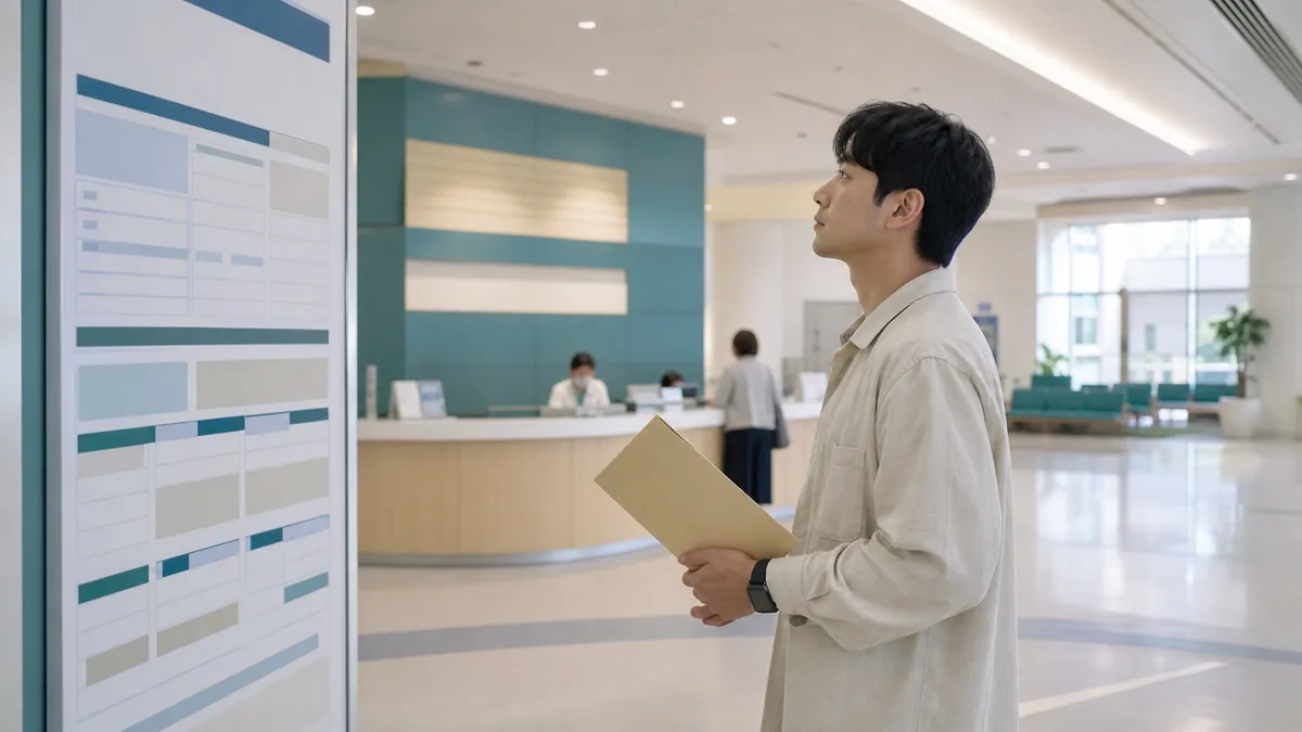 큰 병원 접수 전 소개장과 비용 안내를 확인하는 환자