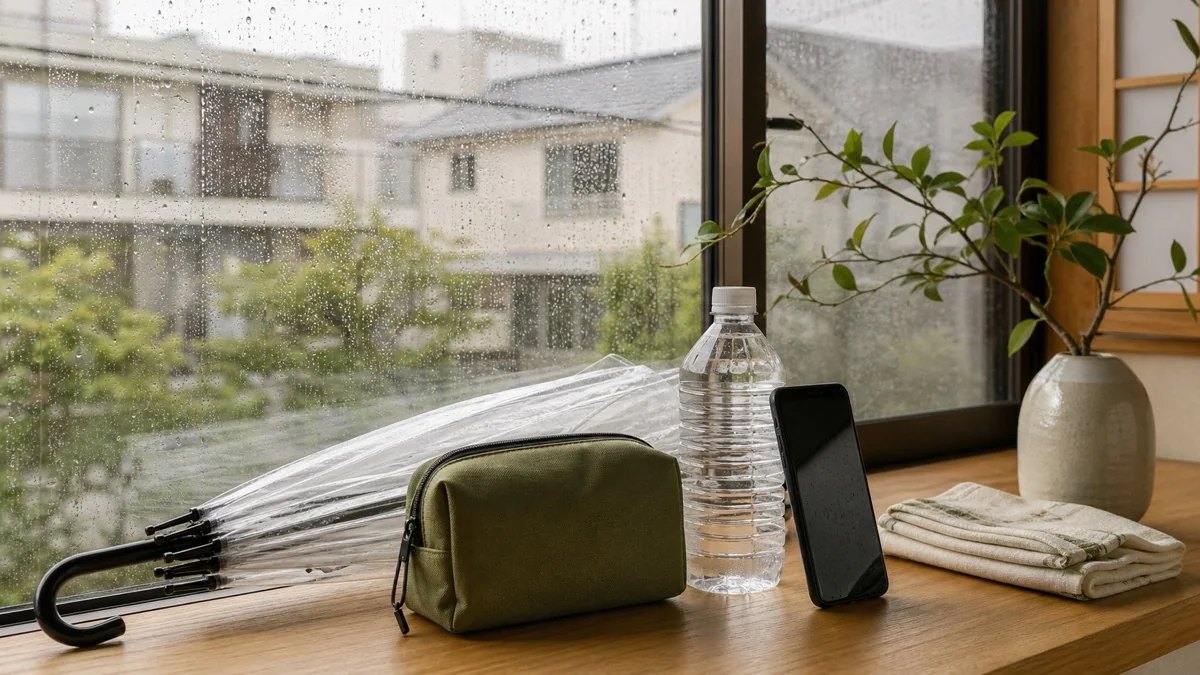 비 오는 일본 주택가를 바라보며 외출을 준비하는 모습