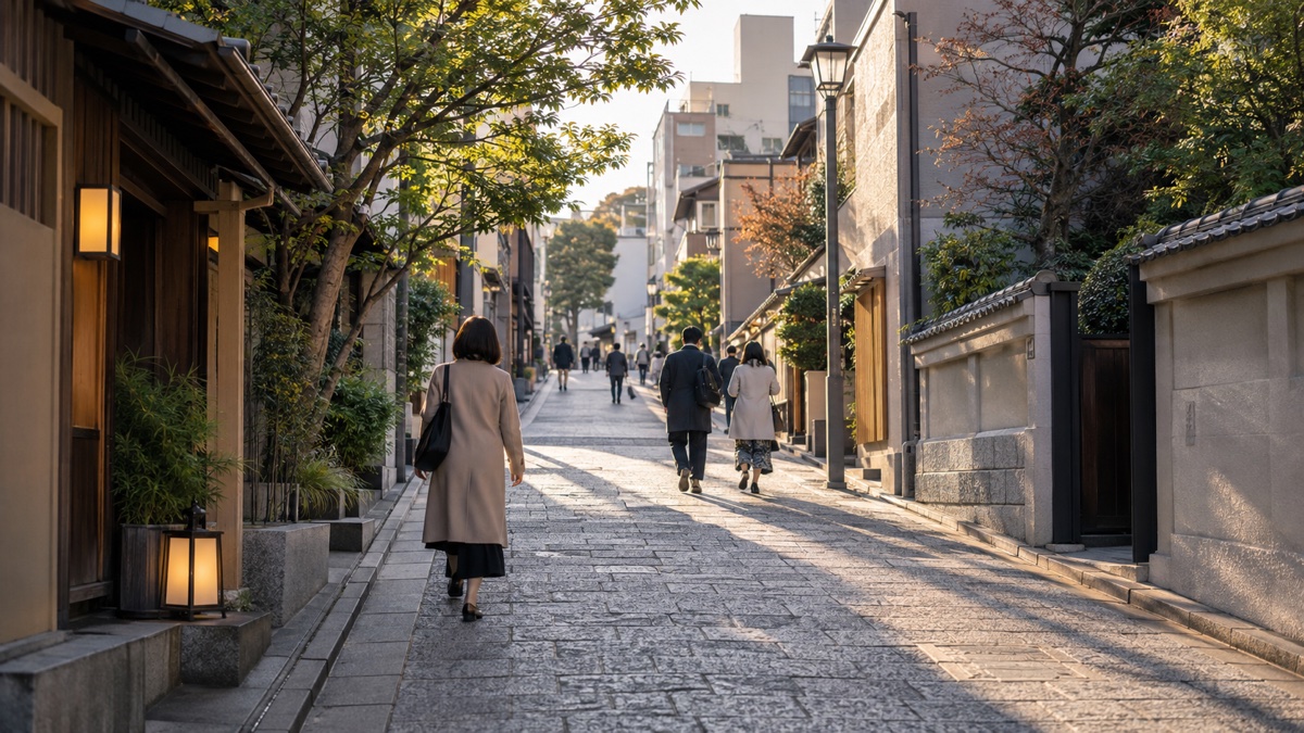 가구라자카의 경사와 계단을 보여주는 산책 장면