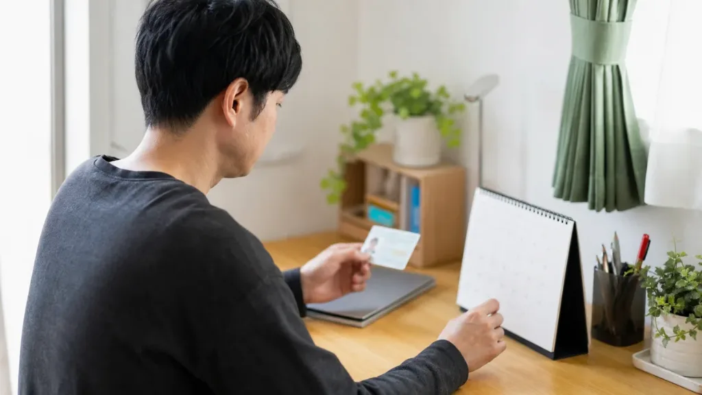 재류카드와 달력을 함께 확인하는 일본 거주자