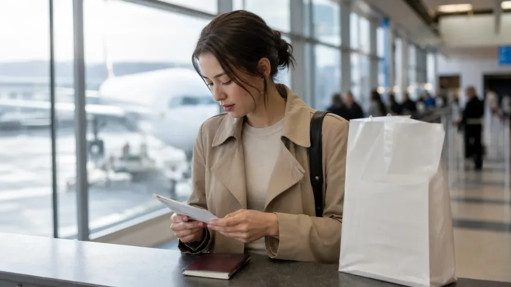출국 전 면세 구매 물품을 확인하는 여행객