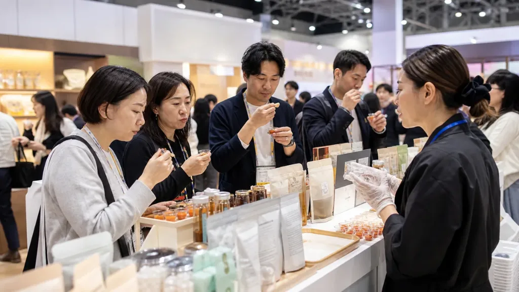 도쿄 무역행사에서 일본 바이어와 소비자가 무기명 한국 식품을 시식하는 모습