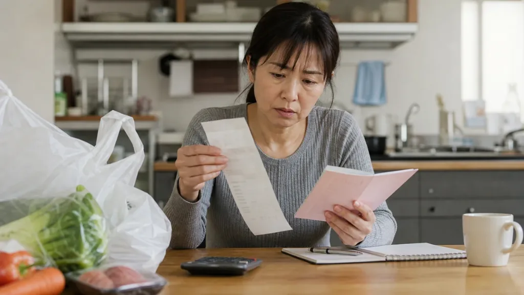 장보기 영수증과 가계부를 비교하는 사람