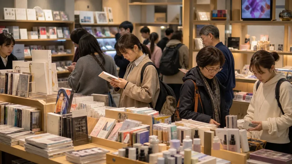 일본 문화공간에서 다양한 연령대가 한국 책·음악·생활상품을 살펴보는 모습