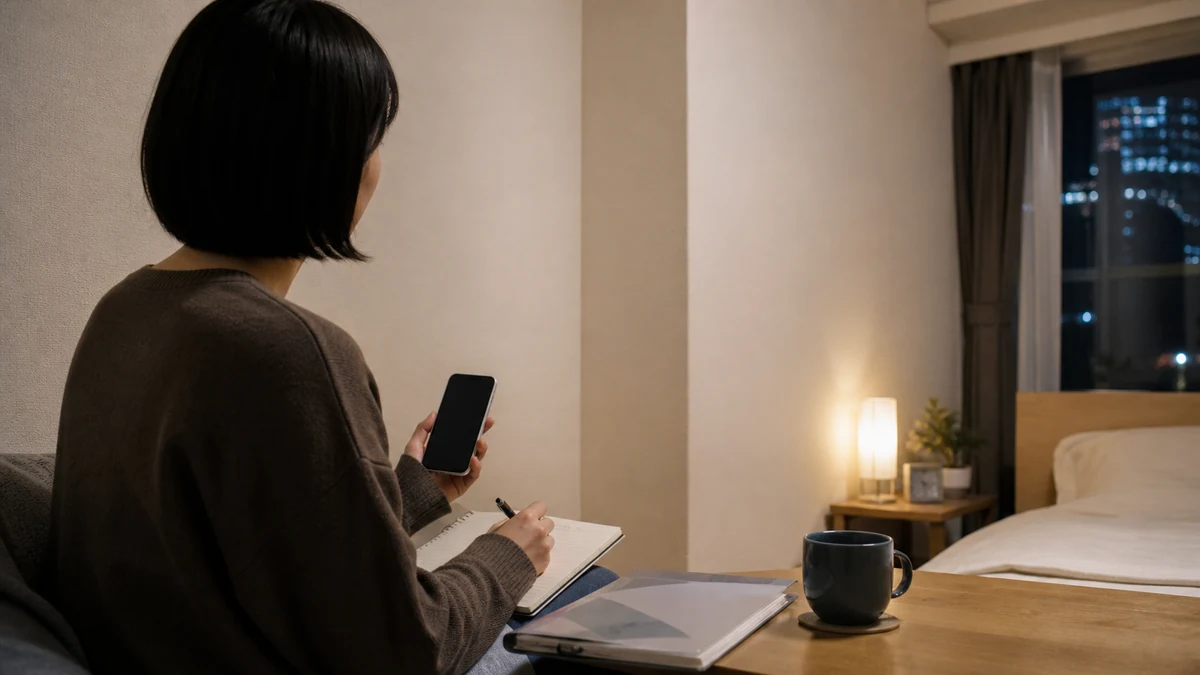공동주택에서 생활소음 시간을 메모하고 관리 안내를 확인하는 모습