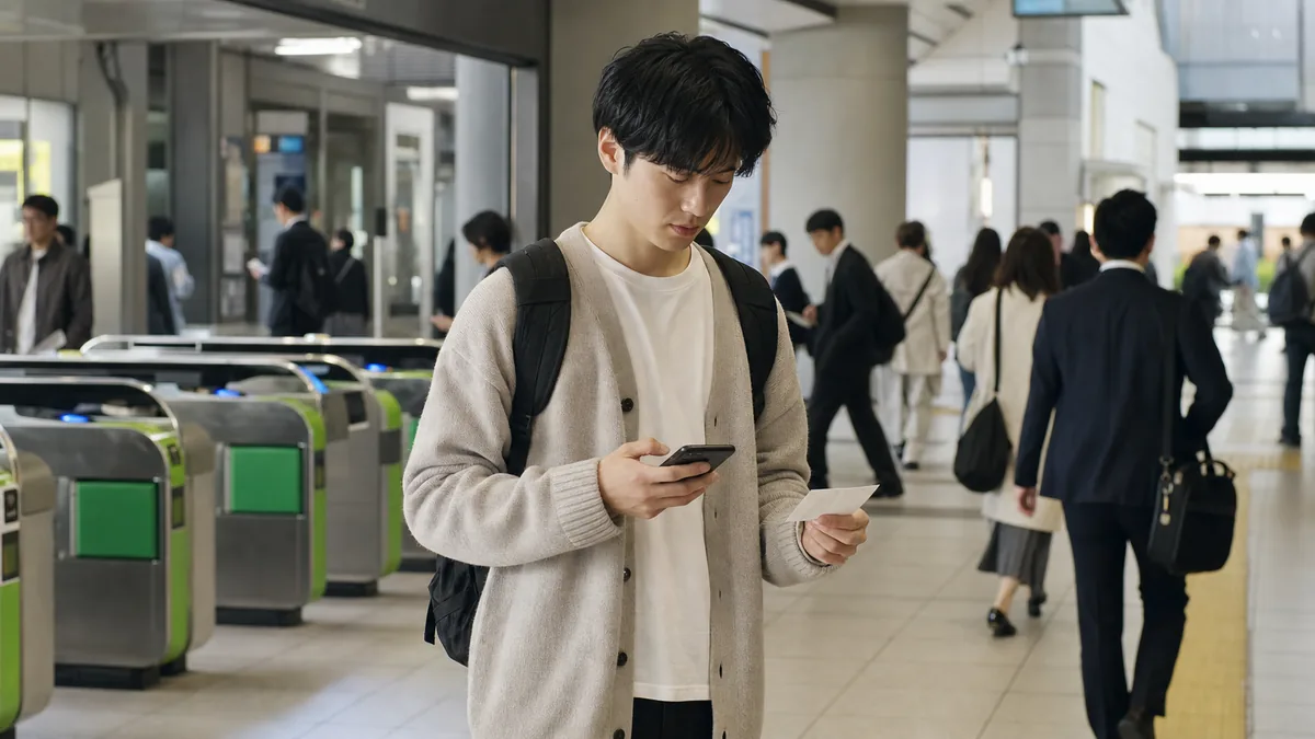 일본 전철역 개찰구 옆에서 휴대전화와 안내지를 확인하는 남성