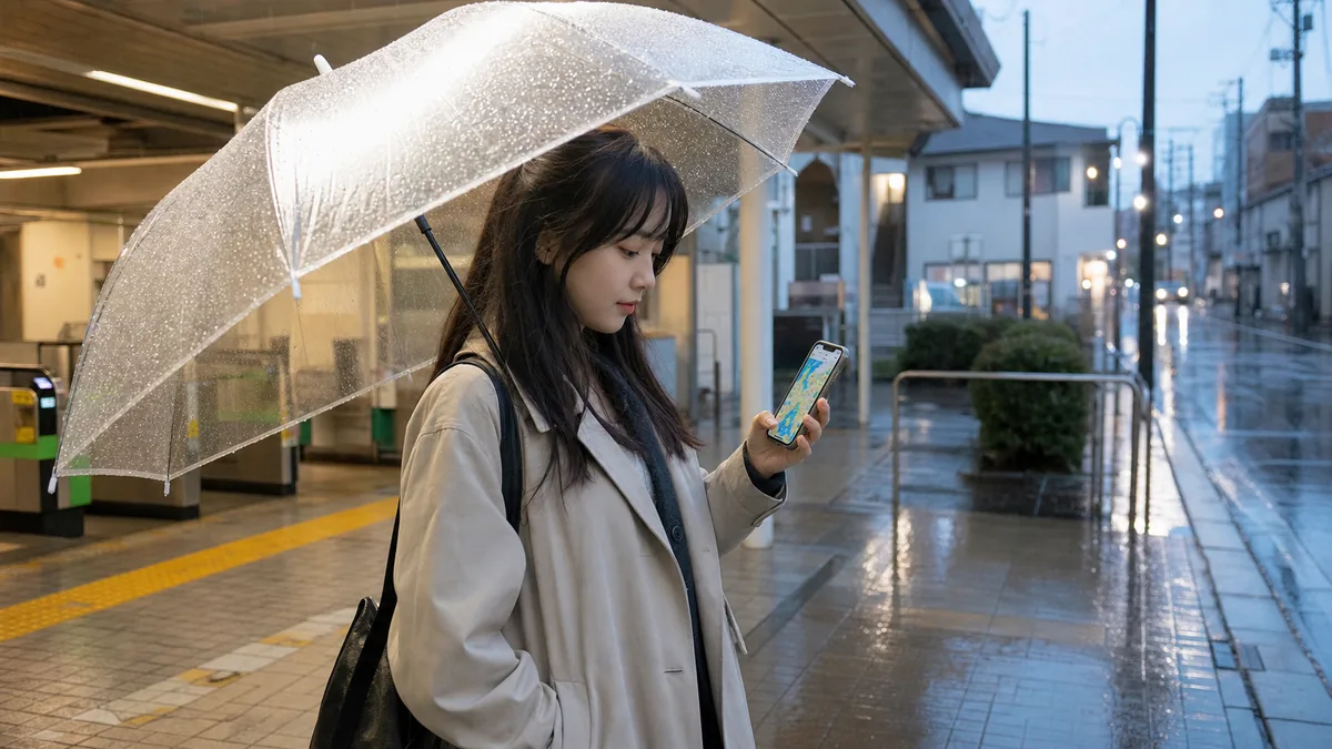 비 내리는 일본 역 앞에서 우산과 날씨 지도를 확인하는 여성