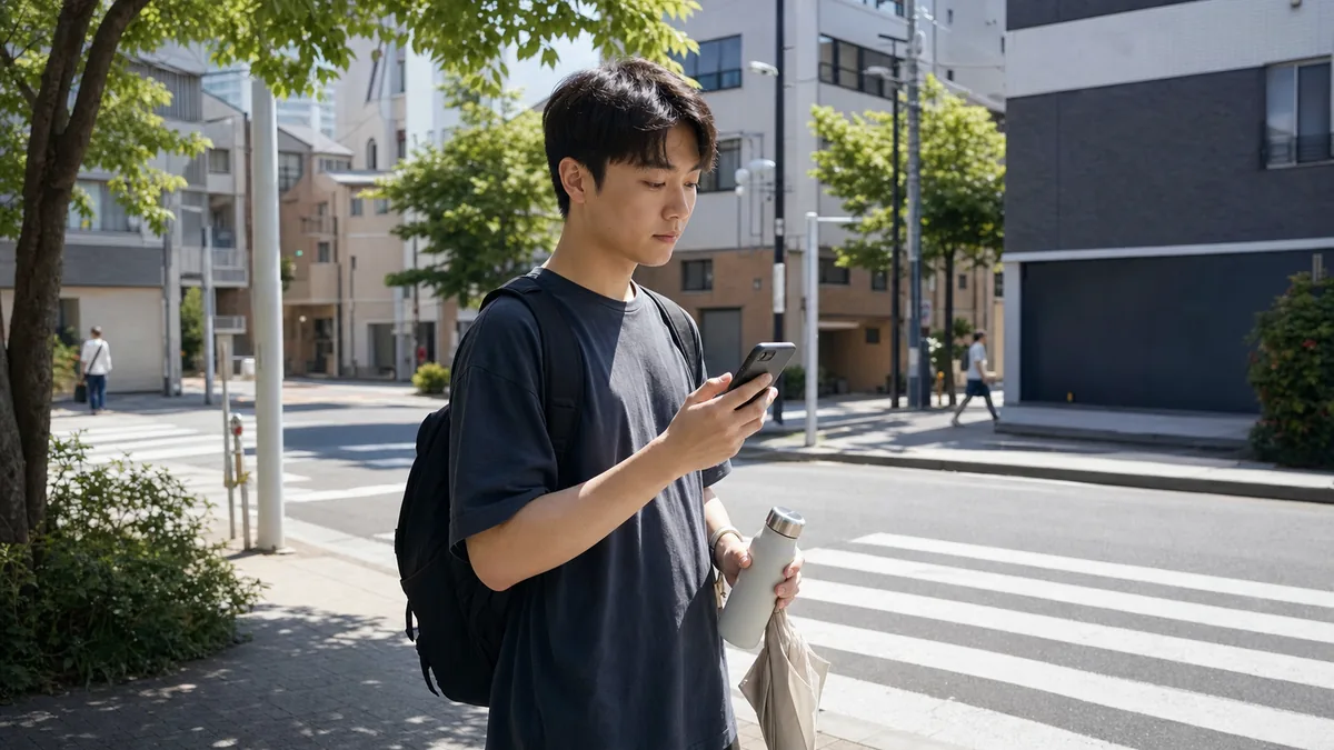 도쿄 횡단보도 그늘에서 휴대전화와 물병을 든 남성
